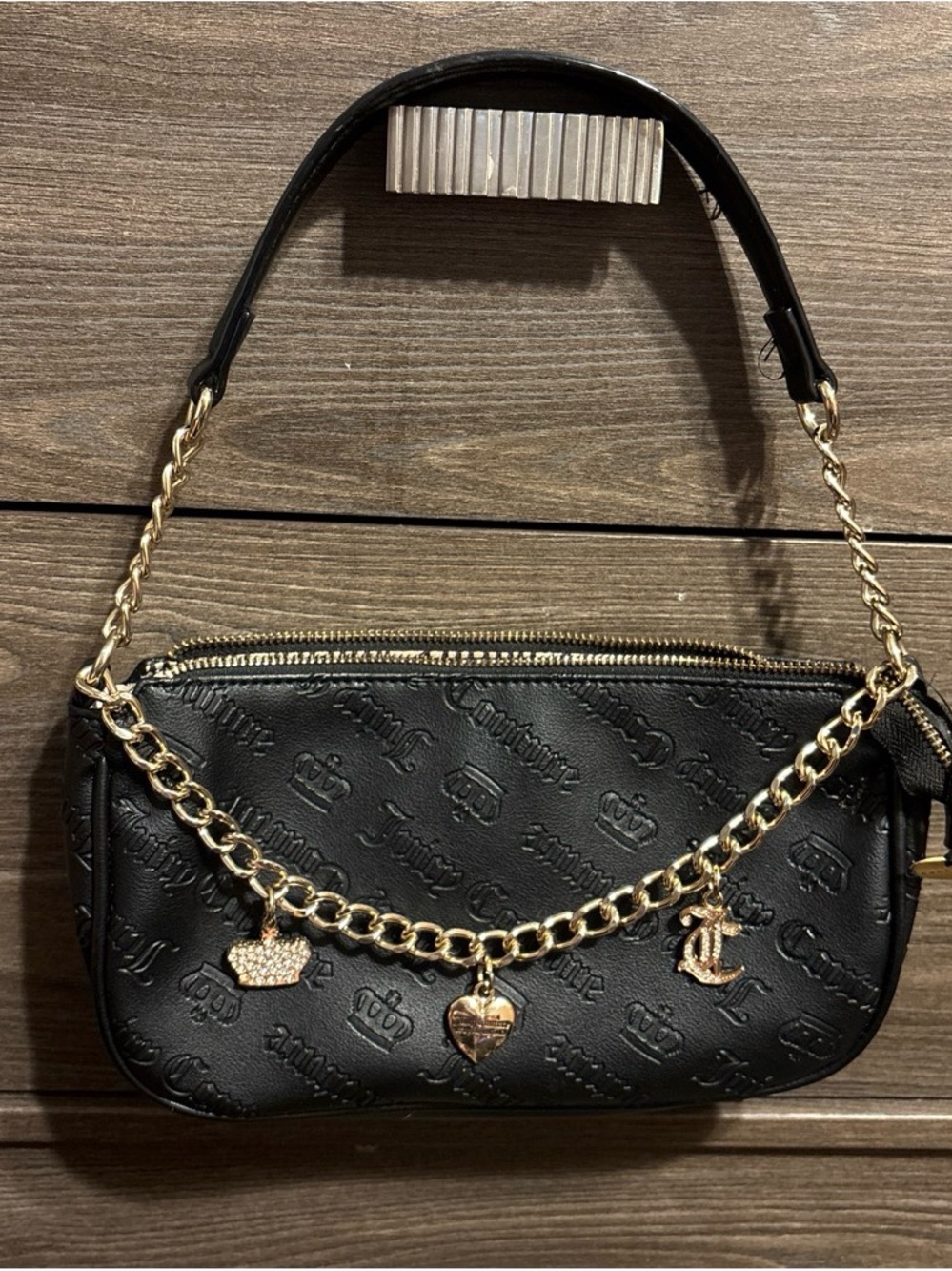 Juicy Couture Black Embossed Mini Shoulder Bag With Gold Chain Charms